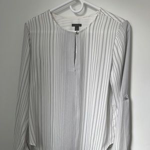 White and navy striped long sleeve silk blouse by Ann Taylor with silver button